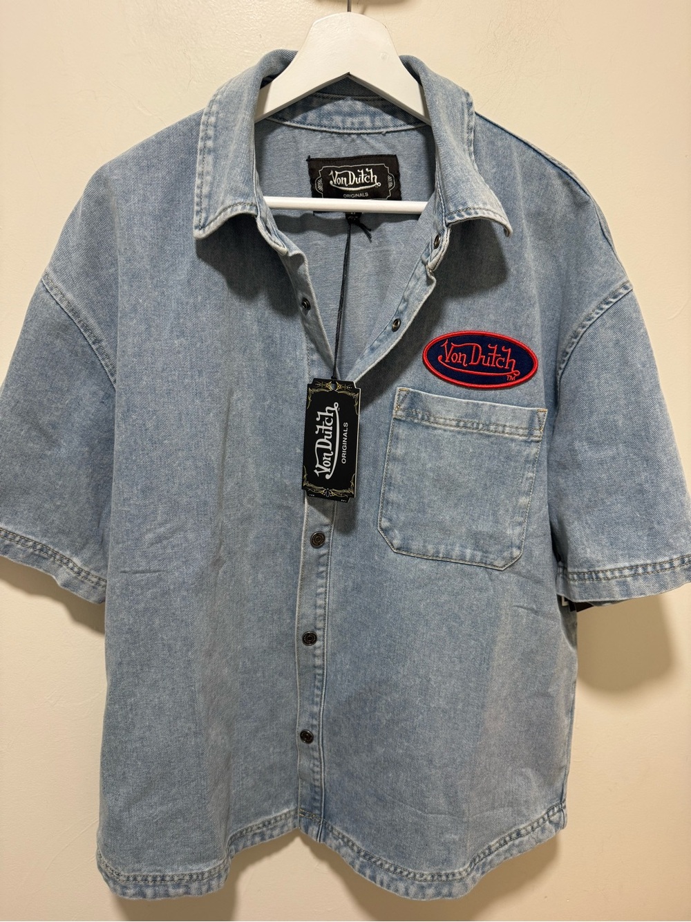 Von Dutch Light Blue Denim Short Sleeve Button-Up Shirt with Logo Patch Size M